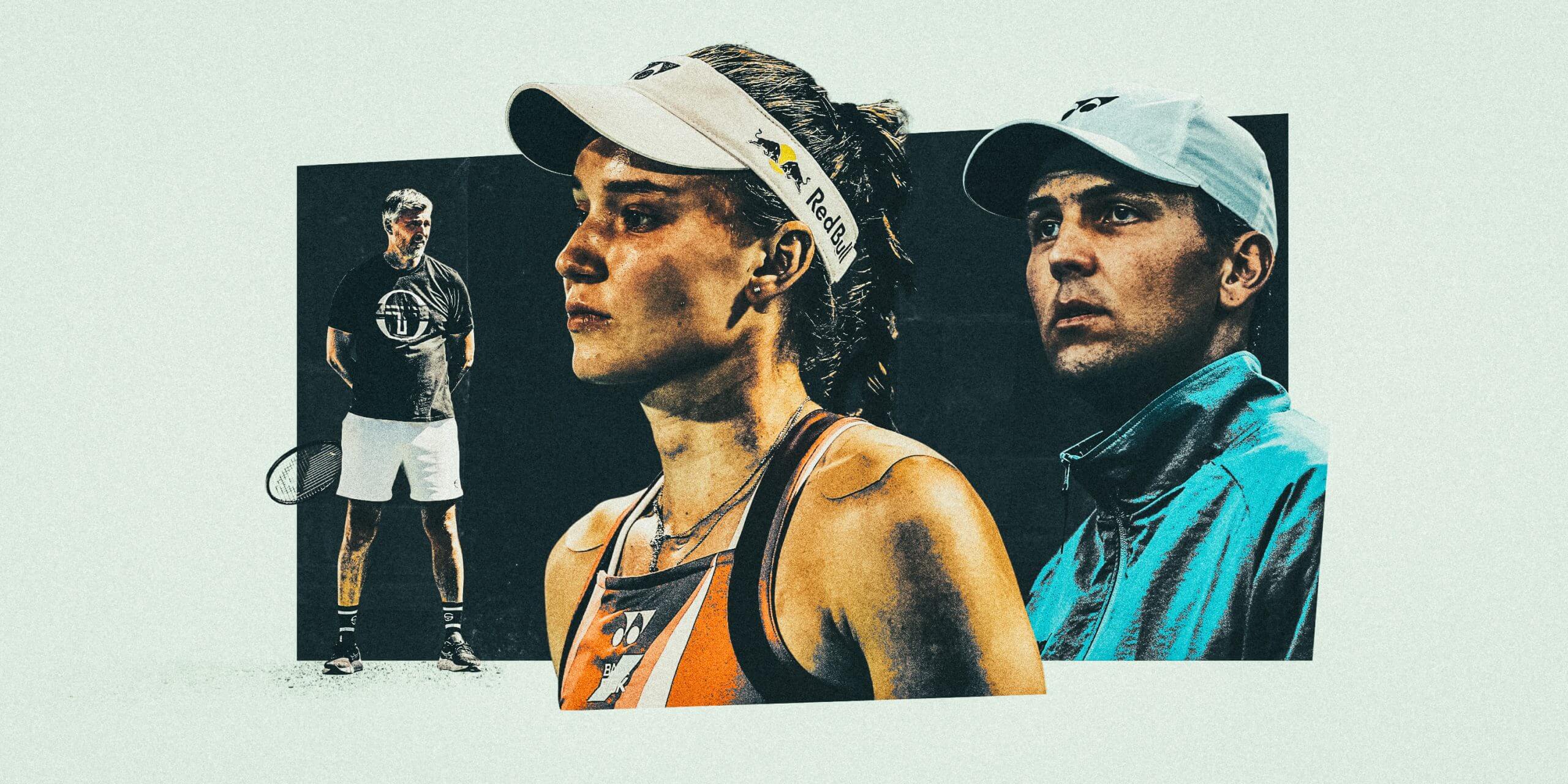 A composite illustration of Goran Ivanisevic, Elena Rybakina and Stefano Vukov, all looking into the distance.