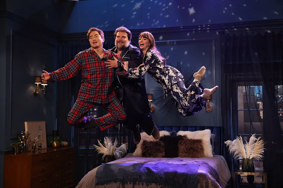 Will Heath/NBC via Getty Bowen Yang, Jack Black and Sarah Sherman on Saturday Night Live on April 5, 2025