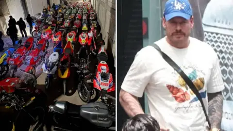 FBI The motorcycles parked near each other on the left, with a photo of the suspect on the right