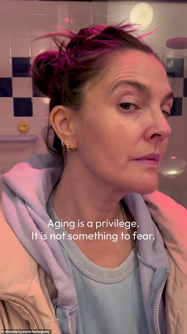 Drew Barrymore displayed her fine lines as she sent a message about aging that went more than skin deep