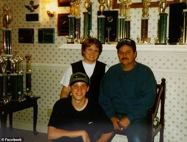 A young Denny Hamlin is pictured alongside his parents, Dennis and Mary Lou