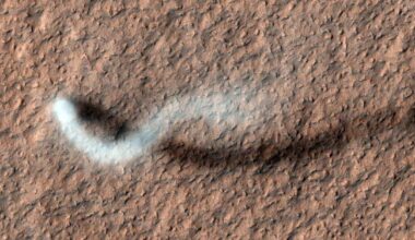 Martian dust devil photographed by the Mars Reconnaissance Orbiter. This dust devil is 800m tall and 30m wide (Credit :  NASA/JPL-Caltech/Univ. of Arizona)