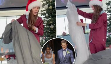 Miles Teller remakes wife Keleigh’s Monique Lhuillier wedding dress lost in California wildfires for Christmas 2025