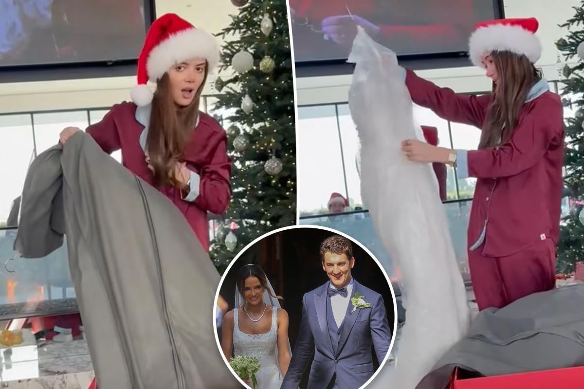 Miles Teller remakes wife Keleigh’s Monique Lhuillier wedding dress lost in California wildfires for Christmas 2025