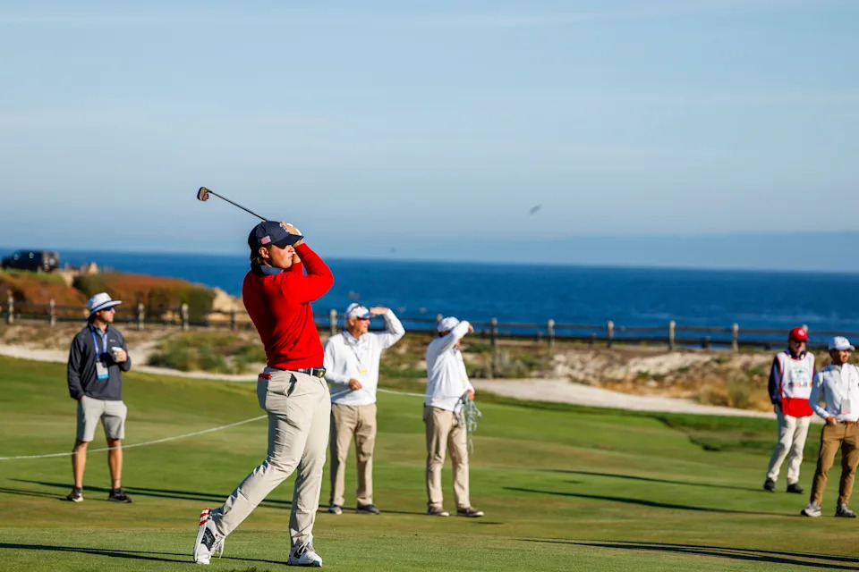 Michael La Sasso (USA) plays his second shot on the first hole during foursome matches of the 2025 Walker Cup at Cypress Point Club in Pebble Beach, Calif. on Sunday, Sept. 7, 2025.