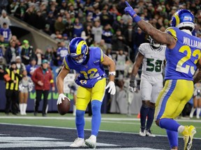 Los Angeles Rams wide receiver Puka Nacua scores a touchdown during against the Seattle Seahawks.