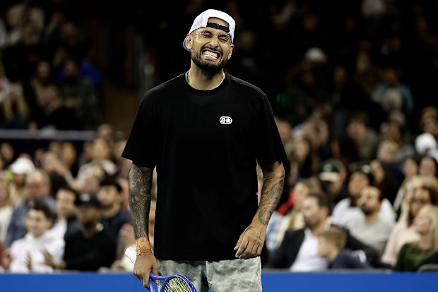 Nick Kyrgios reacts while facing Tommy Paul in the Garden Cup earlier this month.