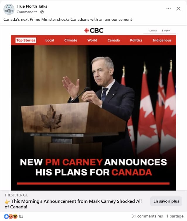 A screenshot of a Facebook posting using fake CBC branding