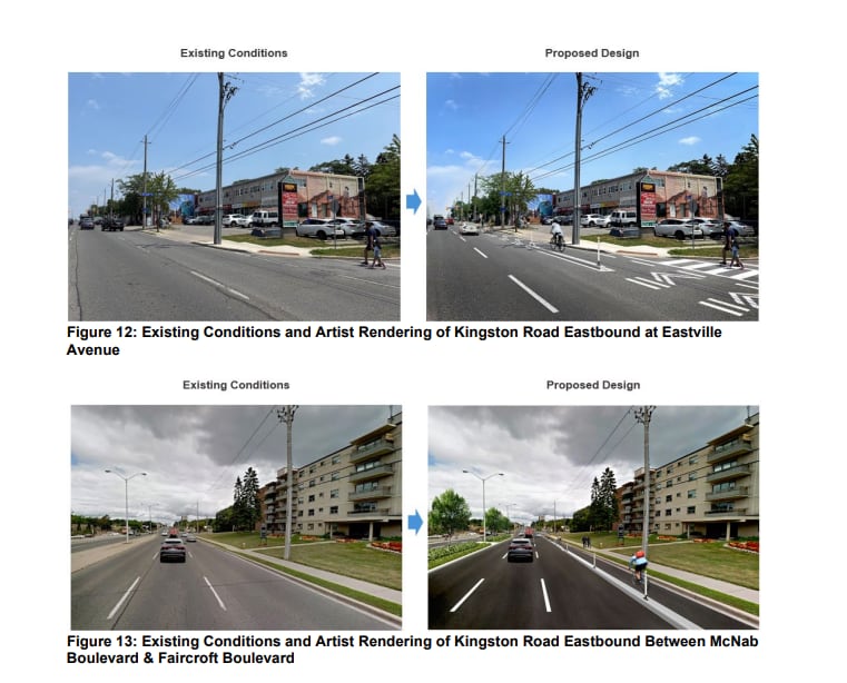 City rendering of the street before and after a bike lane would be added, showing it wont get rid of car lanes