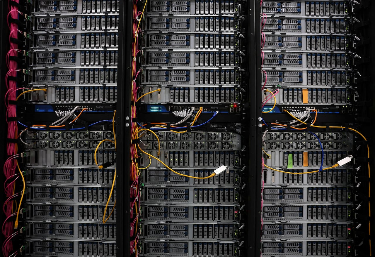 A view shows detail of racks for data servers, GPUs and CPUs inside the Nebius AI UK data centre, a new facility hosting NVIDIA and other computer firms, at Ark Data Centres, in Chertsey, Britain, Nov. 6, 2025.