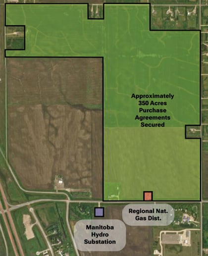 A map showing the proposed location for a data centre north of Iles-de-Chenes, in Ritchot.