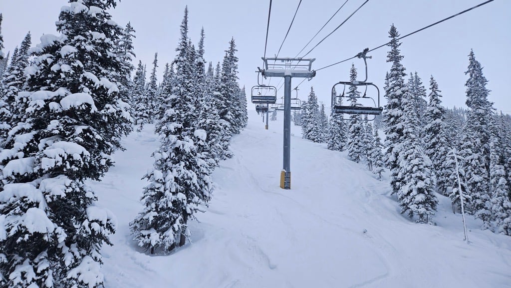 Snowy landscape with coniferous trees seen form an ascending chairlift.
