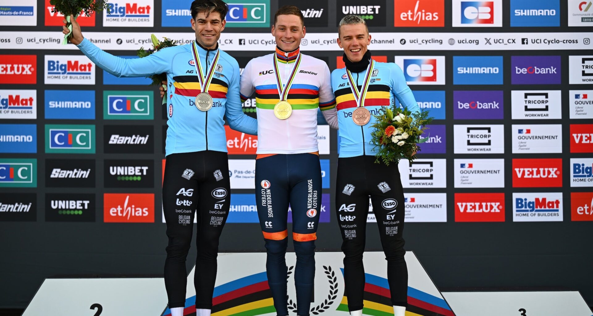 Silver medalist Wout Van Aert, gold medalist Mathieu Van Der Poel and bronze medalist Thibau Nys on the podium after the 2025 UCI Cyclo-Cross World Championships (Photo: Luc Claessen/Getty Images)