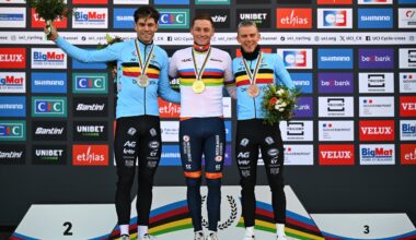 Silver medalist Wout Van Aert, gold medalist Mathieu Van Der Poel and bronze medalist Thibau Nys on the podium after the 2025 UCI Cyclo-Cross World Championships (Photo: Luc Claessen/Getty Images)