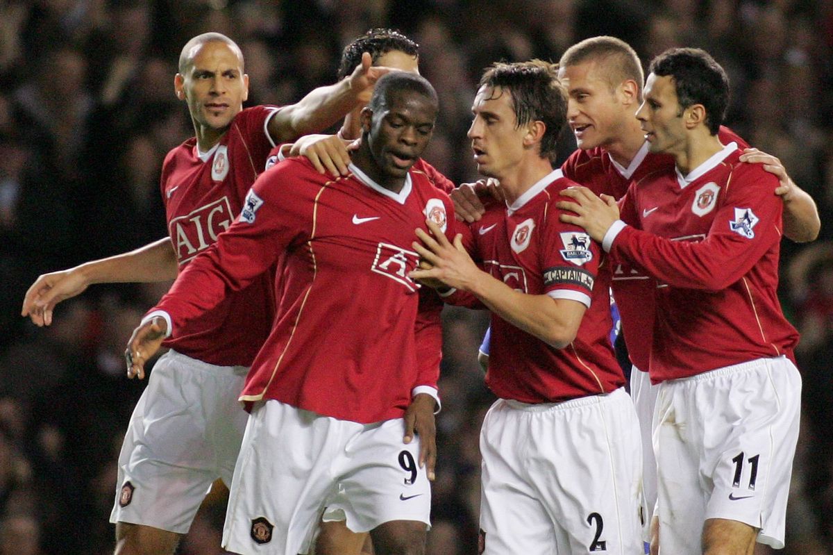 Louis Saha of Manchester United celebrates scoring the first goal during the Barclays Premiership match between Manchester United and Chelsea at Old Trafford