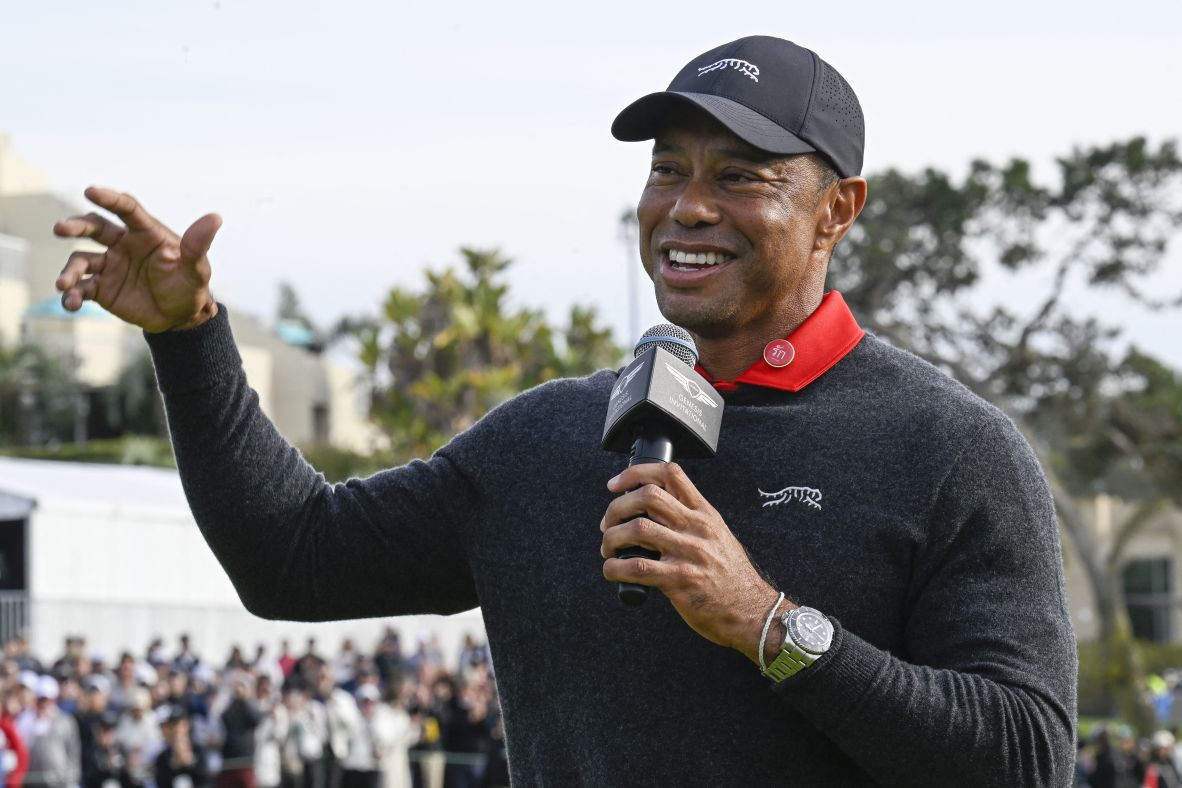Woods addresses fans at The Genesis Invitational in February 2025.
