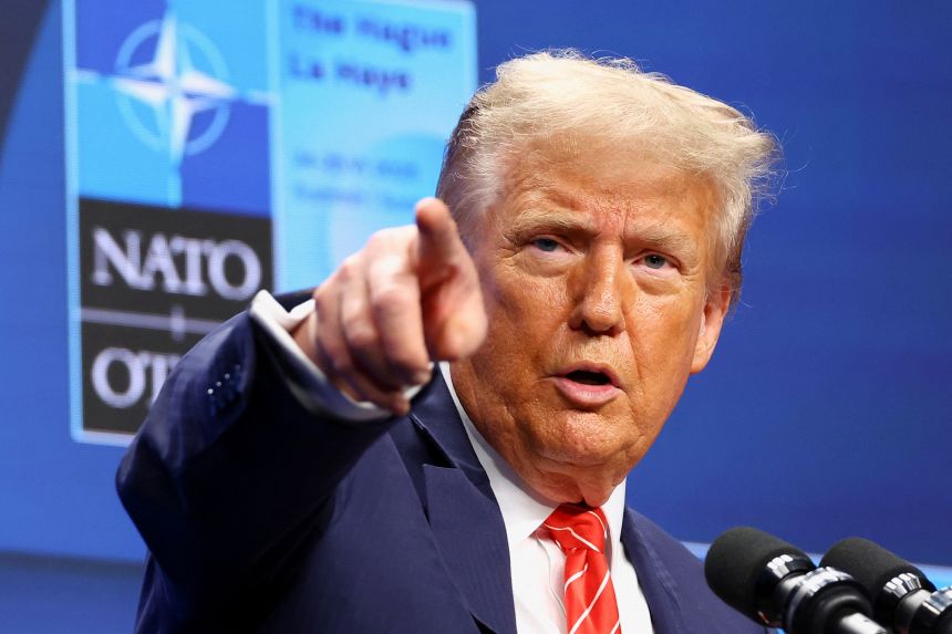 US President Donald Trump during a press conference at the NATO summit in The Hague, Netherlands on June 25. Of Nato's 32 members, 31 are set to meet the target of spending 2% of GDP on defense this year – up from just six in 2021.