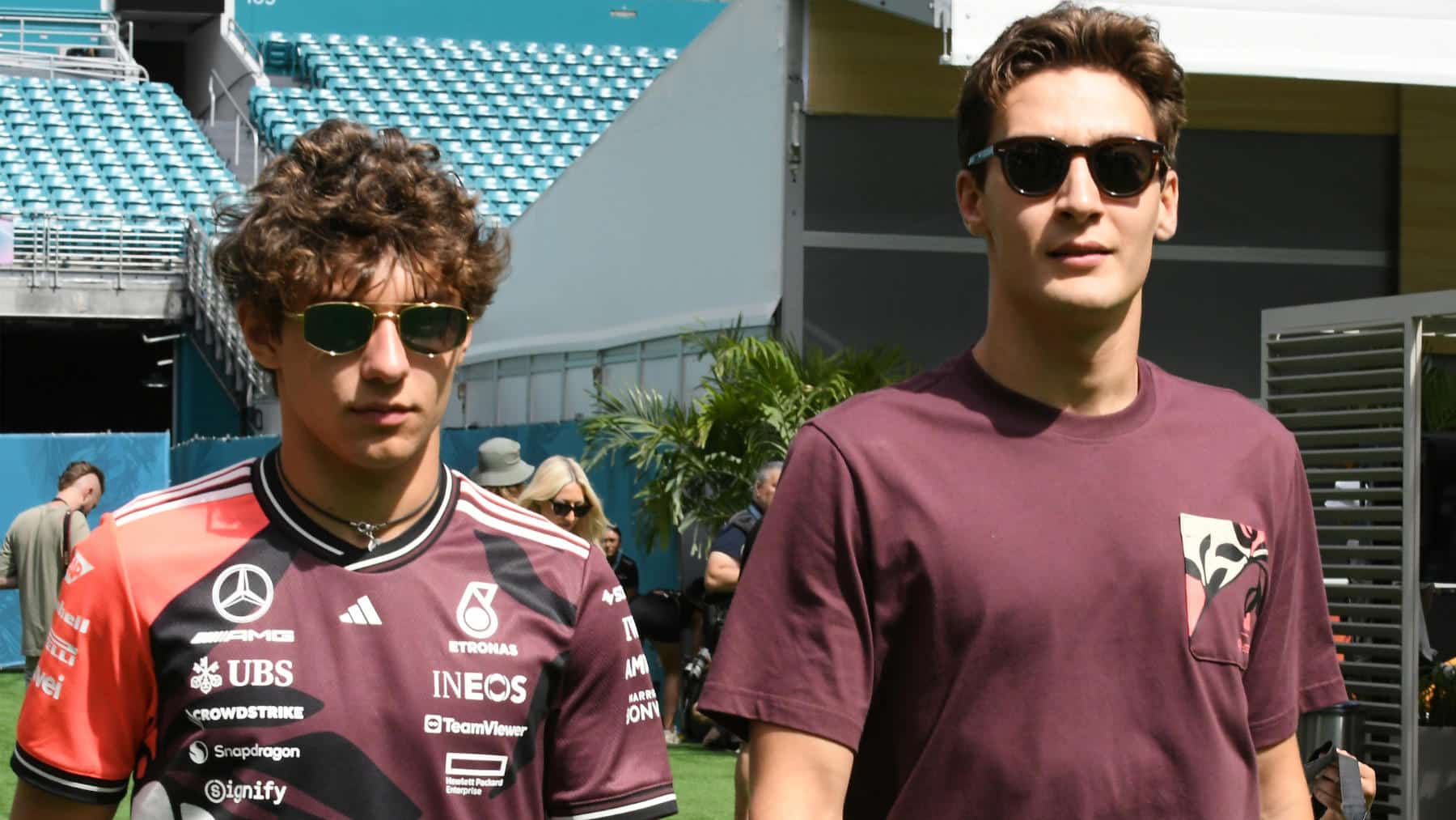 Mercedes drivers Kimi Antonelli and George Russell before the 2025 Miami Grand Prix