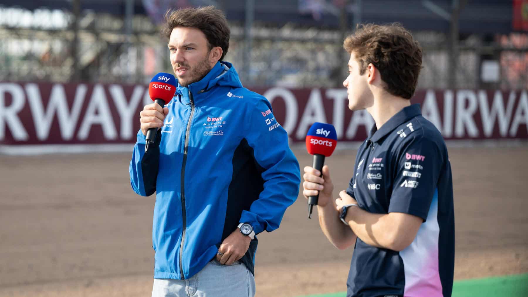 TV interview for Alpine-Renault drivers Piuerre Gasly and Franco Colapinto before practice for the 2025 British Grand Prix