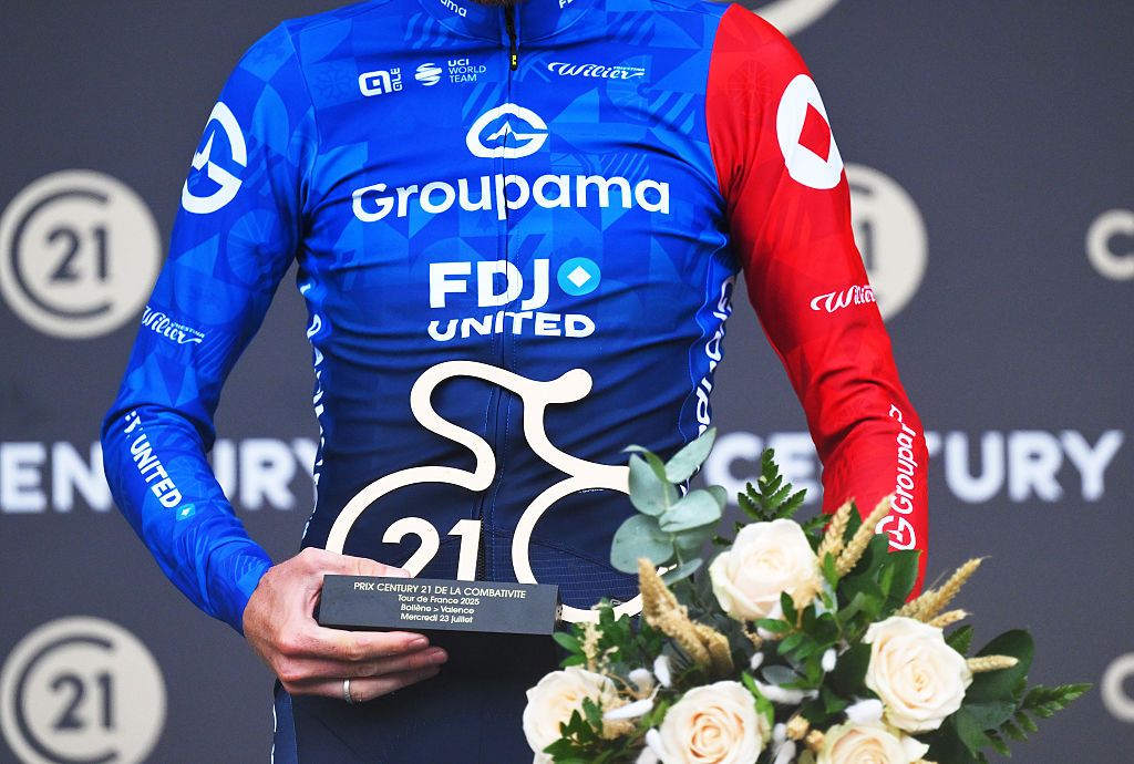 VALENCE, FRANCE - JULY 23: Trophy detailed view of Quentin Pacher of France and Team Groupama - FDJ at podium as most combative rider prize winner during the 112th Tour de France 2025, Stage 17 a 160.4km stage from Bollene to Valence / #UCIWT / on July 23, 2025 in Valence, France. (Photo by Tim de Waele/Getty Images)