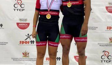 In this file photo, the JLD Cylcing Academy pair of Makaira Wallace and Njisane Phillip show off their gold medals after winning the respective elite women’s and men’s sprint races at the National Cycling Chamnpionships in Balmain, Couva on February 22. courtesy Makaira Wallace -