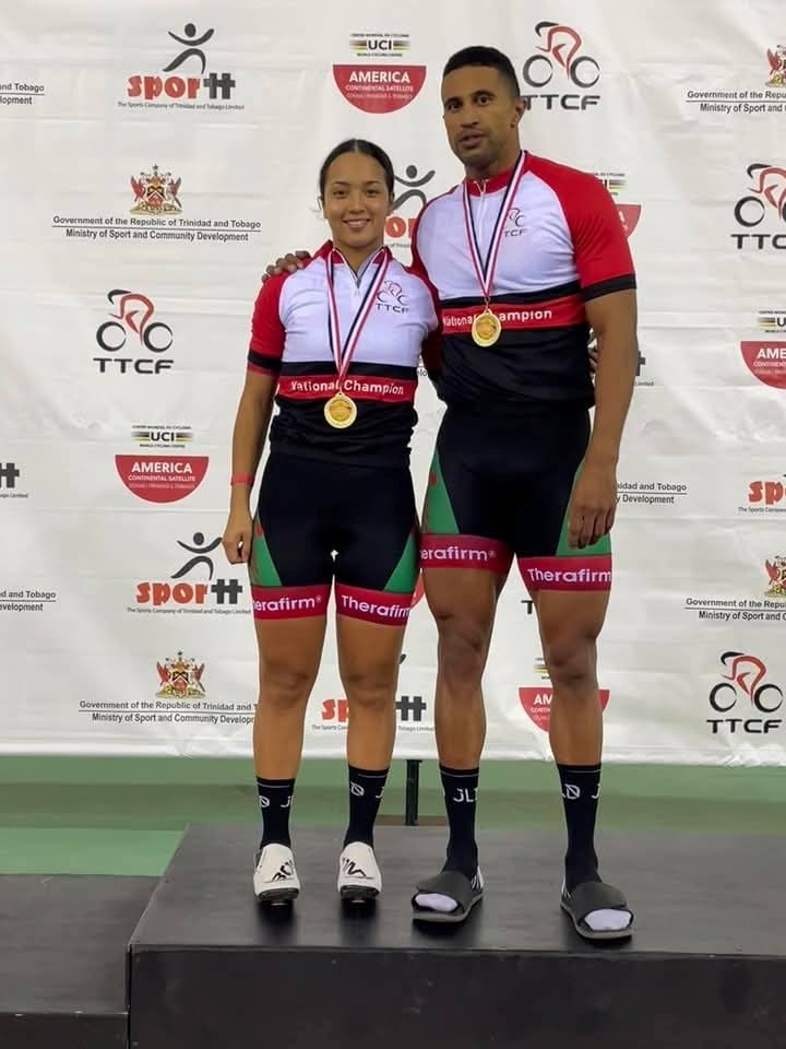 In this file photo, the JLD Cylcing Academy pair of Makaira Wallace and Njisane Phillip show off their gold medals after winning the respective elite women’s and men’s sprint races at the National Cycling Chamnpionships in Balmain, Couva on February 22. courtesy Makaira Wallace -