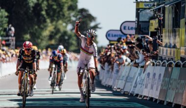Picture by Zac Williams/SWpix.com - 11/07/2025 - Cycling - 2025 Tour de France Stage 7, Saint Malo - Mur-de-Bretagne, France - Tadej Pogacar, UAE Team Emirates-XRG, wins Stage 6.