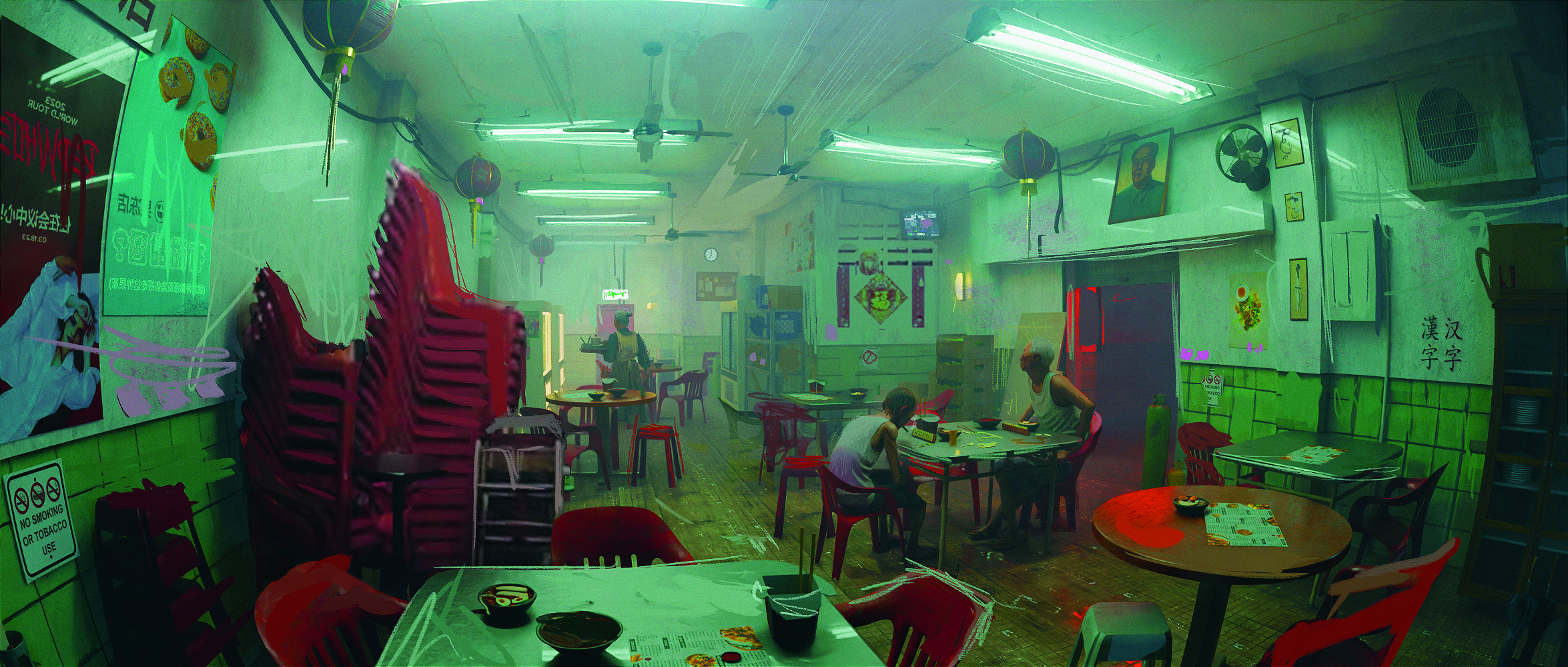 Concept art showing the inside of a small restaurant with dim artificial light and bright red plastic chairs