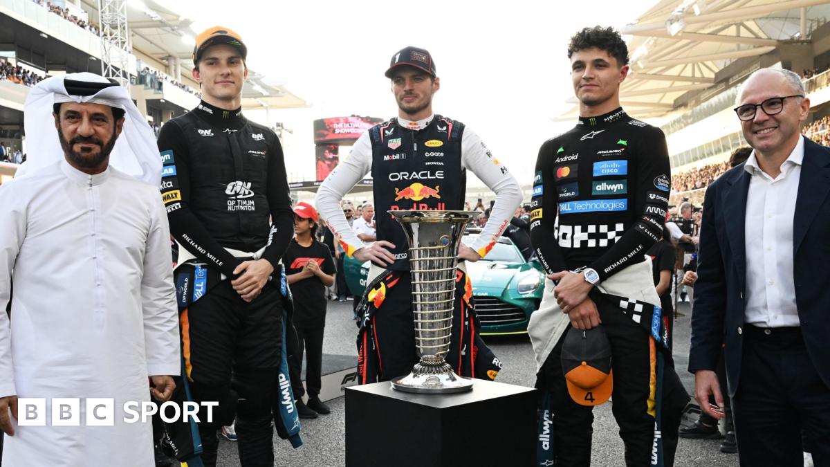 FIA president Mohammed Ben Sulayem, McLaren's Oscar Piastri, Red Bull's Max Verstappen, McLaren's Lando Norris and F1 president Stefano Domenicali pose with the FIA F1 drivers' championship trophy before the Abu Dhabi Grand Prix