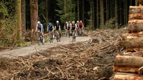 GRAN FONDO ISLE OF MAN A group of cyclists in colourful clothing on a dirt track through a plantation with chopped up piece of felled trees on the right.