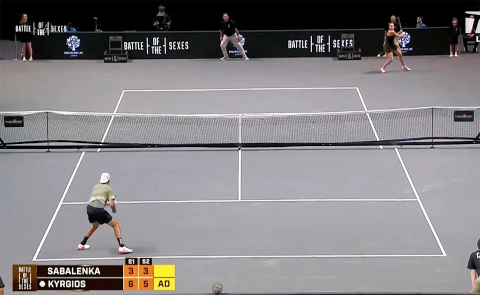 Nick Kyrgios and Aryna Sabalenka on different sized courts.