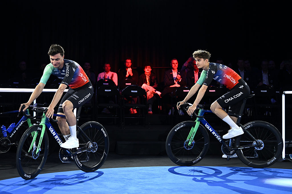 VILLENEUVE-D&amp;apos;ASCQ, FRANCE - DECEMBER 11: (L-R) Olav Kooij of the Netherlands and Paul Seixas of France during the presentation of the Team Decathlon &amp; CMA CGM 2026 on December 11, 2025 in Villeneuve-d&amp;apos;Ascq, France. (Photo by Luc Claessen/Getty Images)