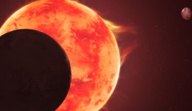 A silhouette of a planet is in front of a giant sun with a small planet to the right of the image