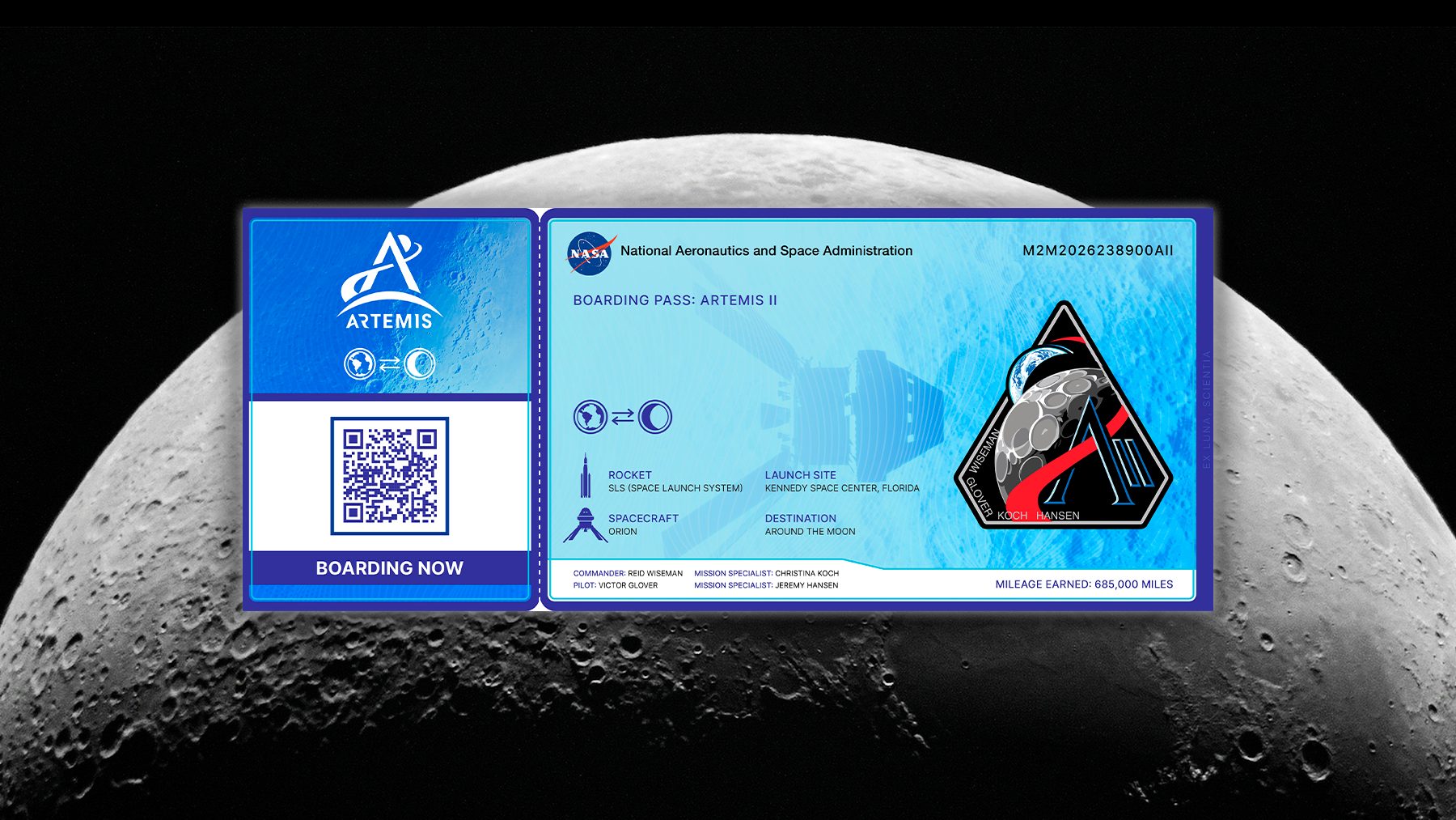 NASA moon mission digital boarding pass image