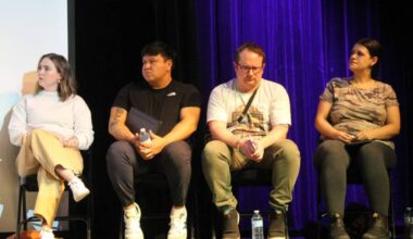 Panelists speaking on the topic of harm reduction at Vancouver Island University last week included Dr. Jessica Wilder, left, Edward Joe, Corey Ranger and Lenae Silva. (Jessica Durling/News Bulletin)