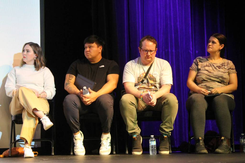 Panelists speaking on the topic of harm reduction at Vancouver Island University last week included Dr. Jessica Wilder, left, Edward Joe, Corey Ranger and Lenae Silva. (Jessica Durling/News Bulletin)