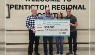 From left to right, Jack Rogers, South Okanagan Similkameen Medical Foundation CEO Ian Lindsay, Susan Duncliffe and Penticton Regional Hospital head of orthopedics Dr. Tim Bell hold a cheque from Rogers and Duncliffe that will go towards the purchase of high-tech equipment for the hospital. (South Okanagan Similkameen Medical Foundation / Submitted)
