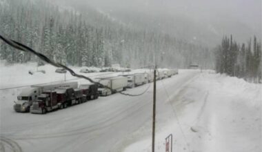 Semi tractor-trailers lined up waiting westbound at Rogers Pass following a motor vehicle fatality on the Trans-Canada Highway near Revelstoke on Friday morning, Dec. 12. (Photo courtesy DriveBC)