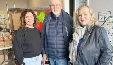 Pictured are Cyndi Beaulieu, president of the Ladysmith Golf Club Society, Mark Evans, interim treasurer, and Eliina Alle, Food Pantry coordinator for the Ladysmith Food Bank, surrounded by the member donations that were delivered to the Ladysmith Food Bank. (Photo courtesy Ladysmith Golf Club Society)