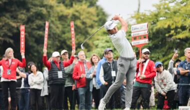 Michael Brennan teeing off on the first hole on Day 3 of the PGA Tour Americas&rsquo; Fortinet Cup Championship at Morgan Creek Golf Course in Surrey on Sept. 27, 2025. (Anna Burns photo)