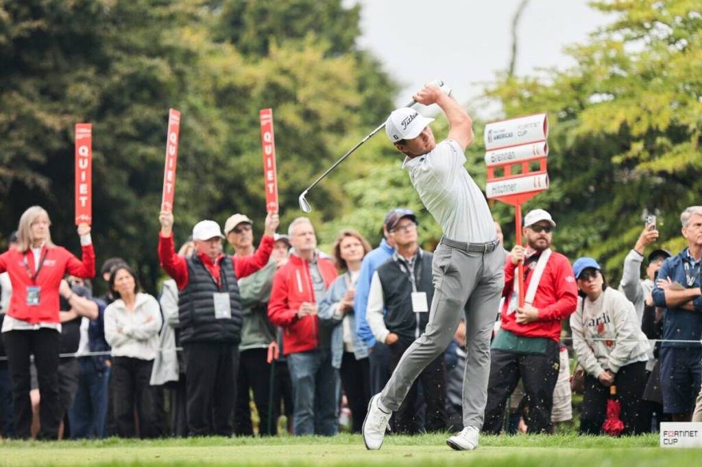 Michael Brennan teeing off on the first hole on Day 3 of the PGA Tour Americas&rsquo; Fortinet Cup Championship at Morgan Creek Golf Course in Surrey on Sept. 27, 2025. (Anna Burns photo)