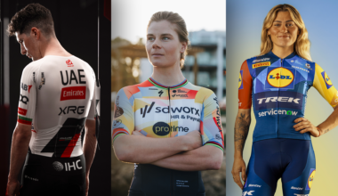 Three-picture collage showing new kits for UAE Team Emirates-XRG, SD Worx-Protime and Lidl-Trek