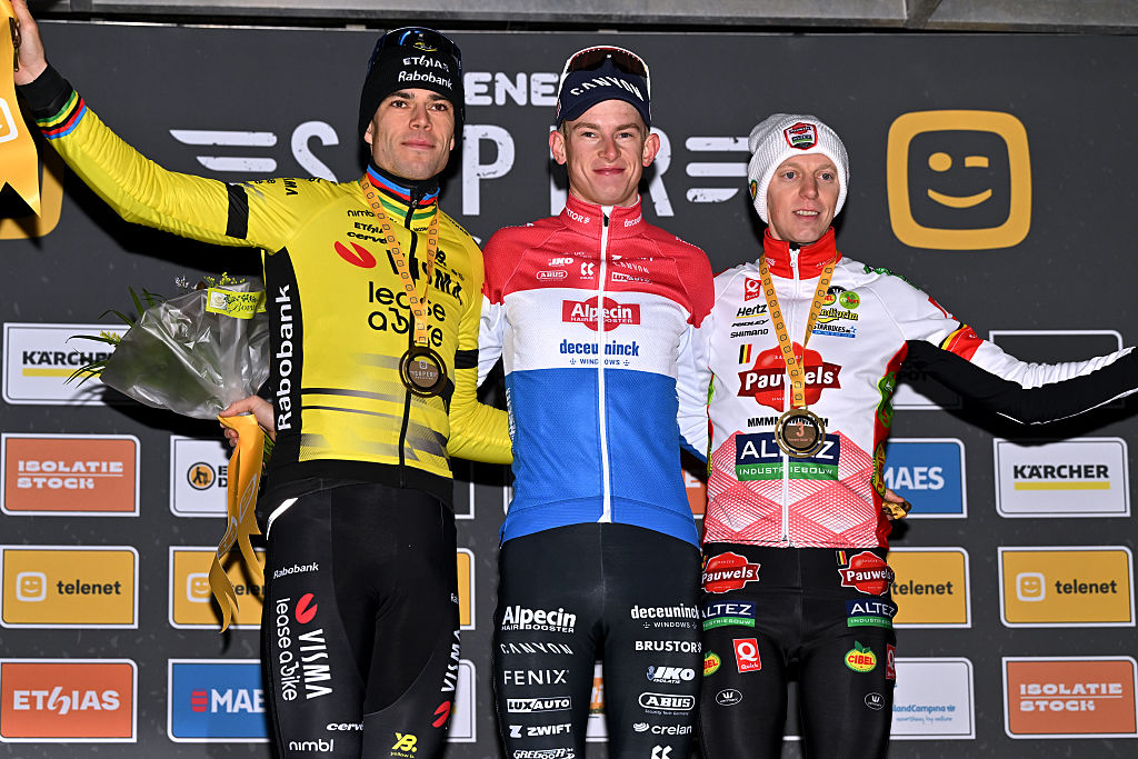 NAMUR, BELGIUM - DECEMBER 23: (L-R) Wout Van Aert of Belgium and Team Visma - Lease a Bike on second place, race winner Tibor Del Grosso of Netherlands and Team Alpecin-Deceuninck and Michael Vanthourenhout of Belgium and Team Pauwels Sauzen - Altez Industriebouw on third place pose on the podium ceremony after the 21st Superprestige Heusden-Zolder 2025 - Men&amp;apos;s Elite on December 23, 2025 in Namur, Belgium. (Photo by Luc Claessen/Getty Images)