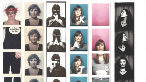 Kate Tyler Six strips of images from a photo booth. Strip one shows a woman wearing black trousers and a black tank top. She has a feathered mask on her face. There is a sign that says www.katetyler.co.uk. The second strip has four images of a woman, with short brown hair. Each picture of her has a different facial expression. The third image has a person with a mask over their face. The images are in black and white and the person is holding letters K, A, T and E. The fourth strip has a woman with shoulder length hair and she is on a blue background. She is also holding the letters K, A, T, and E.  The fifth strip, the top image is a pink background, the second image is a woman's face cut off at the chin, the third image is a body wearing a grey top, and the last image is the continuation of the grey top. The last strip is black and white, with a woman wearing sunglasses on her head, facing different directions. 
