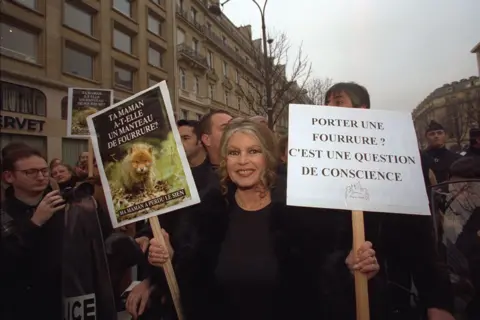 Sygma via Getty Images Brigitte Bardot, holding two signs as she demonstrates against the fur trade. One has a picture of a baby animal, possibly a fox cub, with the question in French, "Does your mother have a fur coat?" The other just has the slogan in French: "Wear fur? It's a question of conscience".