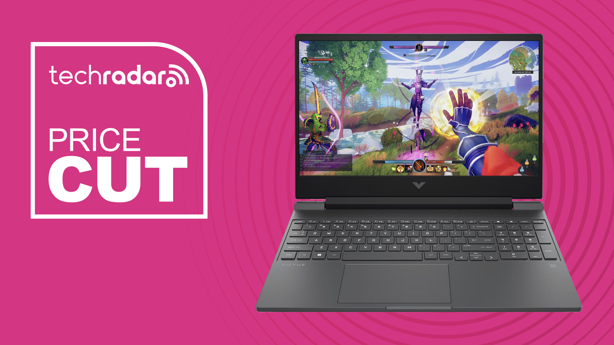 HP Victus 15 gaming laptop on pink background with TechRadar price cut sign