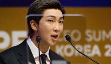 RM, member of K-pop boy band BTS, speaks during the Asia-Pacific Economic Cooperation CEO Summit at Gyeongju Arts Center in Gyeongju, North Gyeongsang Province, Oct. 29. AFP-Yonhap