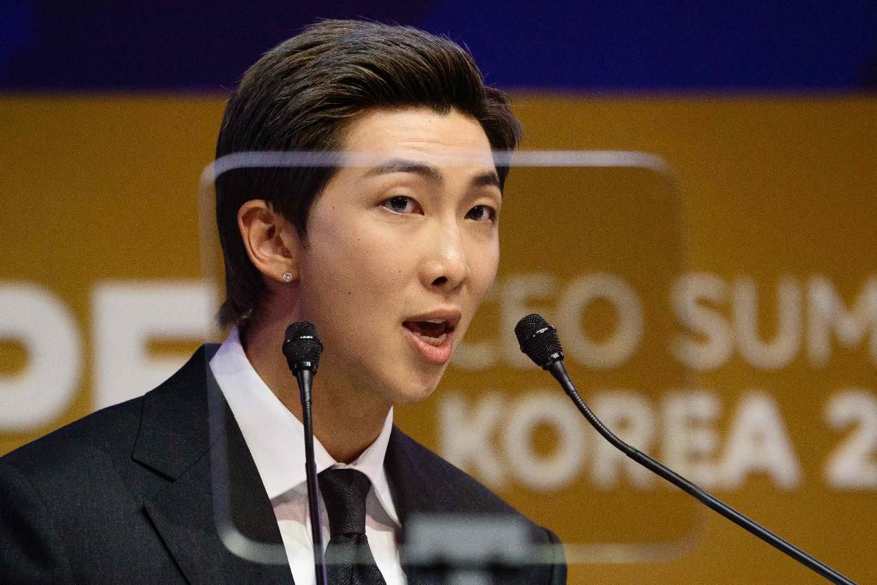 RM, member of K-pop boy band BTS, speaks during the Asia-Pacific Economic Cooperation CEO Summit at Gyeongju Arts Center in Gyeongju, North Gyeongsang Province, Oct. 29. AFP-Yonhap