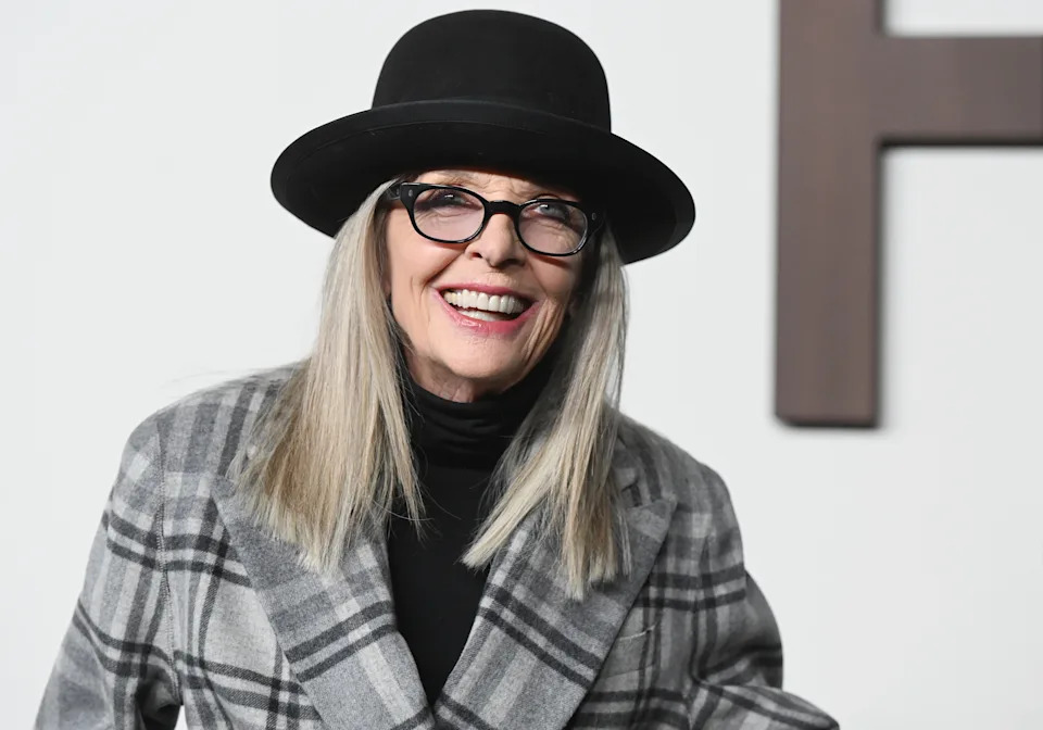 Diane Keaton at the Ralph Lauren Spring 2024 Ready To Wear Fashion Show at the Brooklyn Navy Yard on September 8, 2023 in Brooklyn, New York. (Photo by Gilbert Flores/WWD via Getty Images)