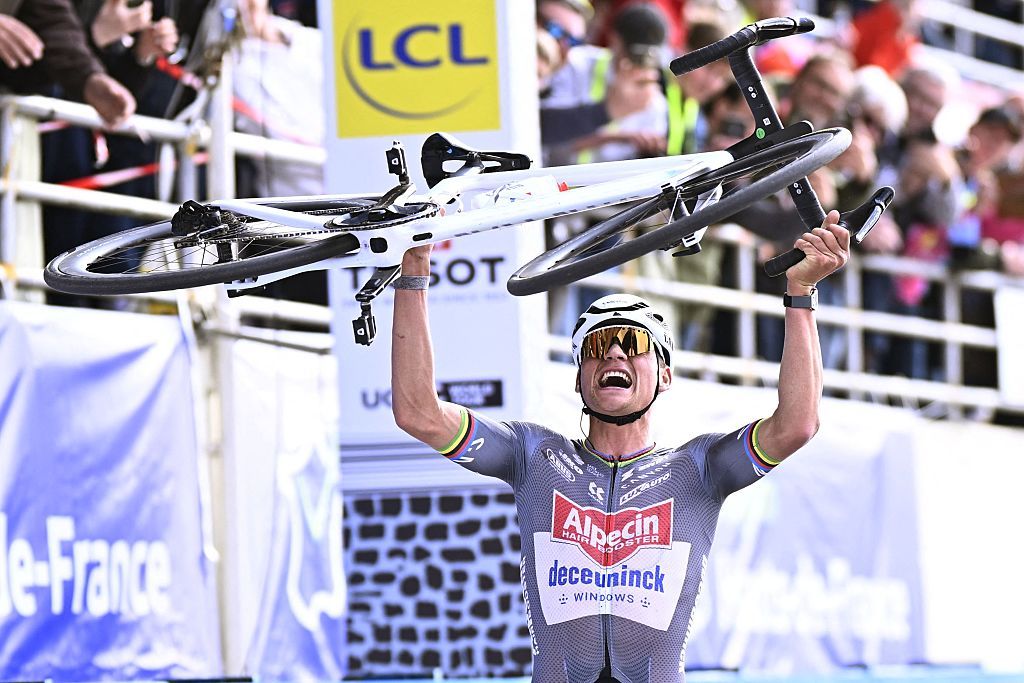 Dutch Mathieu van der Poel of Alpecin-Deceuninck wins the men elite race of the 'Paris-Roubaix' one day cycling race, 259,2 km from Compiegne to Roubaix, France, on Sunday 13 April 2025. BELGA PHOTO JASPER JACOBS (Photo by JASPER JACOBS / BELGA MAG / Belga via AFP) (Photo by JASPER JACOBS/BELGA MAG/AFP via Getty Images)